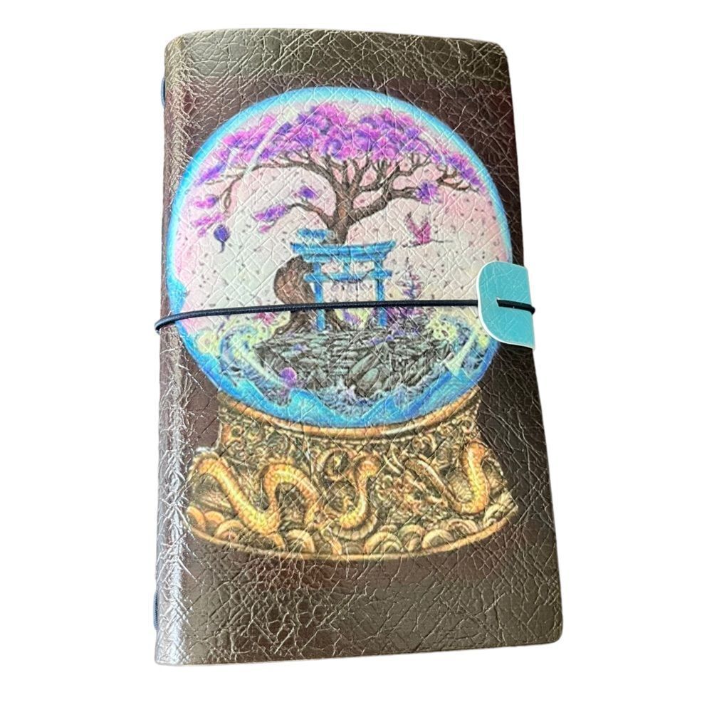 Crystal Ball & Bonsai Tree Faux Leather Reusable Travelers Notebook 8x4.5”